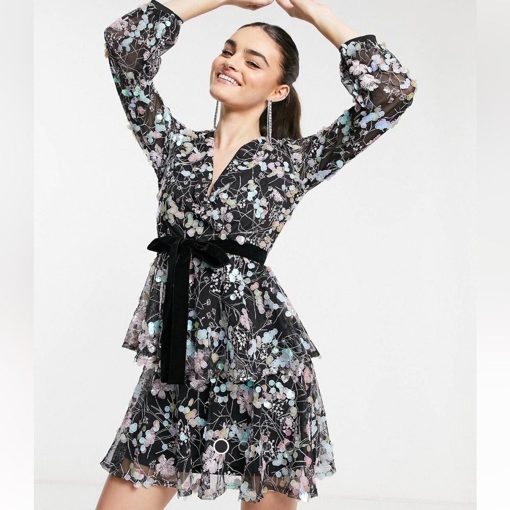 Forever Unique mermaid sequin embellished faux wrap mini dress velvet belt new 2